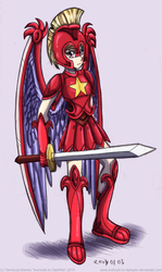 Size: 600x1008 | Tagged: safe, artist:inuhoshi-to-darkpen, cloud kicker, human, fanfic:the life and times of a winning pony, winningverse, g4, armor, blade, female, humanized, solo, sword, weapon, wingblade