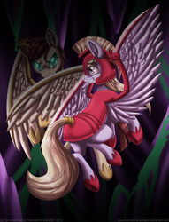 Size: 1024x1338 | Tagged: safe, artist:inuhoshi-to-darkpen, cloud kicker, oc, oc:nimbus gust, changeling, pegasus, pony, fanfic:the life and times of a winning pony, winningverse, g4, armor, blade, cave, fight, flying, glowing eyes, weapon, wingblade