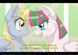 Size: 900x633 | Tagged: safe, artist:inuhoshi-to-darkpen, blossomforth, cloud kicker, derpy hooves, pegasus, pony, fanfic:the life and times of a winning pony, winningverse, g4, cloudforth, fanfic art, female, implied shipping, lesbian, letterboxing, mare, nose wrinkle, subtitles