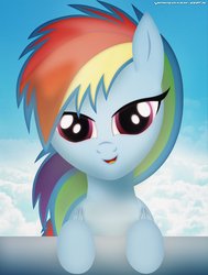 Size: 2095x2764 | Tagged: dead source, safe, artist:vipeydashie, rainbow dash, pegasus, pony, g4, cloud, female, front view, high res, lidded eyes, looking at you, mare, signature, smiling, solo