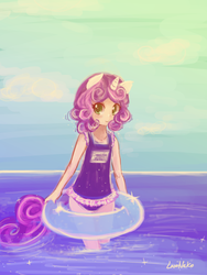 Size: 1440x1920 | Tagged: safe, artist:lumineko, sweetie belle, human, g4, clothes, eared humanization, female, horn, horned humanization, humanized, inner tube, one-piece swimsuit, pixiv, solo, swimsuit, tailed humanization, water