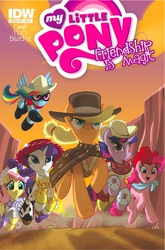 Size: 1036x1573 | Tagged: safe, artist:amy mebberson, idw, applejack, fluttershy, pinkie pie, rainbow dash, rarity, twilight sparkle, alicorn, pony, g4, official, spoiler:comic, spoiler:comic25, back to the future, clint eastwood, cover, cowgirl, dale evans, female, flying, frown, glare, idw advertisement, jessie (toy story), lone ranger, mane six, mare, marty mcfly, open mouth, quick draw mcgraw, running, smiling, smirk, the man with no name, the pony with no name, toy story, toy story 2, twilight sparkle (alicorn)