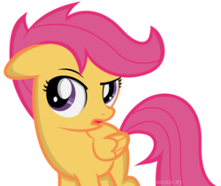 Size: 975x820 | Tagged: safe, artist:noah-x3, scootaloo, pegasus, pony, g4, female, filly, floppy ears, foal, open mouth, show accurate, signature, simple background, skeptical, solo, transparent background
