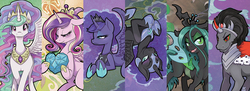 Size: 1350x492 | Tagged: safe, artist:jezebeltart, king sombra, nightmare moon, princess cadance, princess celestia, princess luna, queen chrysalis, alicorn, changeling, pony, unicorn, g4, crystal heart