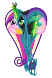 Size: 730x1095 | Tagged: safe, artist:missitofu, queen chrysalis, alicorn, changeling, changeling queen, pony, g4, character to character, crown, disguise, disguised changeling, duality, fake cadance, female, heart changeling, heart pony, hoof shoes, jewelry, magic, mare, regalia, simple background, solo, transformation, transforming accessories, transparent background