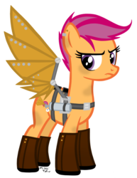 Size: 786x1016 | Tagged: safe, artist:missitofu, scootaloo, g4, artificial wings, augmented, dirty, earring, implied amputation, jetpack, mechanical wing, older, scootaloo can fly, scootaloo can't fly, steampunk, wings