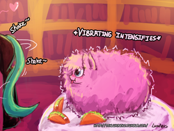 Size: 1920x1440 | Tagged: safe, artist:lumineko, queen chrysalis, oc, oc:fluffle puff, g4, :p, :t, blushing, bugbutt, butt, butt shake, canon x oc, eyes on the prize, female, lesbian, meme, pixiv, plot, ship:chrysipuff, shipping, shivering, taco, tongue out, vibrating, x intensifies