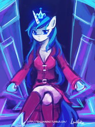 Size: 1440x1920 | Tagged: safe, artist:lumineko, shining armor, anthro, g4, arm hooves, breasts, busty gleaming shield, crossed legs, female, gleaming shield, looking at you, pixiv, reasonably sized breasts, rule 63, solo, throne