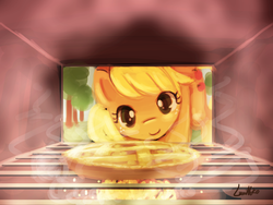 Size: 1920x1440 | Tagged: safe, artist:lumineko, applejack, earth pony, pony, g4, baking, cute, female, freckles, jackabetes, mare, oven, pie, pixiv, smiling, solo