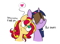 Size: 1045x765 | Tagged: safe, artist:estrill, sunset shimmer, twilight sparkle, alicorn, pony, unicorn, g4, :t, bae, bby, book, cute, daaaaaaaaaaaw, duo, facebooking, female, heart, lesbian, mare, nuzzling, shimmerbetes, ship:sunsetsparkle, shipping, smiling, that pony sure does love books, twiabetes, twilight sparkle (alicorn)