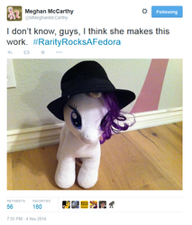 Size: 612x717 | Tagged: safe, rarity, g4, build-a-bear, fedora, hat, irl, meghan mccarthy, photo, plushie, rarity rocks a fedora, twitter