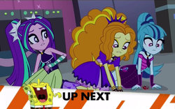 Size: 800x500 | Tagged: safe, adagio dazzle, aria blaze, sonata dusk, equestria girls, g4, my little pony equestria girls: rainbow rocks, exploitable meme, inappropriate timing spongebob banner, male, meme, procrastination (spongebob squarepants), sleeveless, spongebob squarepants, spongebob squarepants (character)