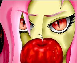 Size: 691x563 | Tagged: safe, artist:dalley-le-alpha, fluttershy, human, g4, apple, female, flutterbat, humanized, solo