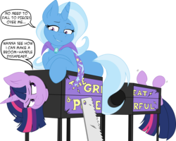 Size: 6000x4790 | Tagged: safe, artist:bork88, artist:joey darkmeat, trixie, twilight sparkle, pony, unicorn, g4, absurd resolution, annoyed, bedroom eyes, box sawing trick, crosscut saw, cut-up by joey darkmeat, dialogue, female, frown, grin, half, leaning, legs in air, lesbian, magic trick, mare, modular, saw, ship:twixie, shipping, simple background, smiling, transparent background, vector