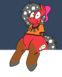 Size: 800x1000 | Tagged: safe, artist:thecherrysodaaskblog, oc, oc only, oc:cherry soda, earth pony, pony, semi-anthro, tumblr:thecherrysodaaskblog, breasts, chubby, clothes, female, halloween, large butt, shirt, sitting, small breasts, solo, tumblr, wide hips