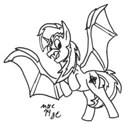 Size: 2192x2181 | Tagged: safe, artist:mxcoriginal, oc, oc only, oc:gyro tech, alicorn, bat pony, bat pony alicorn, pony, high res, monochrome, race swap, rearing, solo, spread wings, traditional art