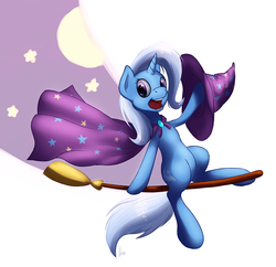 Size: 1000x969 | Tagged: safe, artist:hieronymuswhite, trixie, pony, unicorn, g4, broom, female, flying, flying broomstick, looking at you, mare, open mouth, simple background, smiling, solo, trixie's cape, trixie's hat