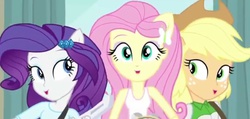 Size: 1232x588 | Tagged: safe, screencap, applejack, fluttershy, rarity, equestria girls, g4, my little pony equestria girls: rainbow rocks, animation error, female, ponied up, trio