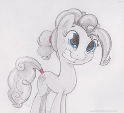 Size: 900x818 | Tagged: safe, artist:applebeard, pinkie pie, g4, alternate hairstyle, female, grayscale, grin, monochrome, partial color, solo, traditional art