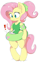 Size: 1422x2285 | Tagged: safe, artist:purple-yoshi-draws, angel bunny, fluttershy, pony, semi-anthro, g4, alternate hairstyle, arm hooves, bipedal, blushing, clothes, cute, exclamation point, floaty, inner tube, one-piece swimsuit, ponytail, shiny, swimsuit