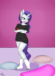 Size: 1280x1757 | Tagged: safe, artist:fairdahlia, rarity, unicorn, anthro, g4, baggy shirt, clothes, female, pillow, pillow fight, shirt, smiling, socks, solo