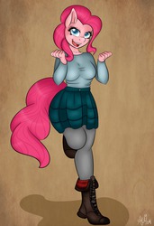 Size: 1280x1867 | Tagged: safe, artist:fairdahlia, pinkie pie, earth pony, anthro, g4, boots, clothes, curvy, female, long sleeves, shirt, simple background, skirt, solo, tights
