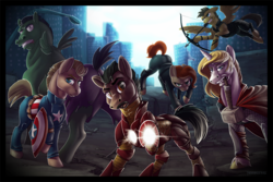 Size: 900x600 | Tagged: safe, artist:tsebresos, arrow, avengers, black widow (marvel), bow (weapon), bow and arrow, captain america, captain equestria, hawkeye, iron man, marvel, mjölnir, mouth hold, ponified, the incredible hulk, thor, tony stark, weapon