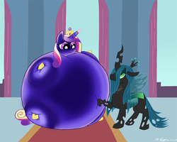 Size: 1050x840 | Tagged: safe, artist:necrofeline, princess cadance, queen chrysalis, changeling, changeling queen, pony, g4, blueberry, blueberry inflation, female, immobile, inflation, mare, sequence, spherical inflation