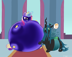 Size: 1050x840 | Tagged: safe, artist:necrofeline, princess cadance, queen chrysalis, changeling, changeling queen, pony, g4, belly, blueberry, blueberry inflation, duel, exclamation point, female, immobile, inflation, magic, mare, revenge, sequence, spherical inflation, surprised