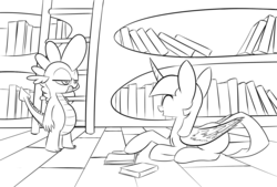 Size: 1748x1181 | Tagged: safe, artist:underpable, spike, twilight sparkle, alicorn, pony, g4, book, female, laughing, lineart, mare, monochrome, twilight sparkle (alicorn), unamused