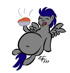 Size: 400x415 | Tagged: safe, artist:fatbelliedlyramod, artist:zeldafan777, oc, oc only, oc:night air, pegasus, pony, belly, belly button, fat, male, simple background, stallion, stuffed, stuffing, weight gain