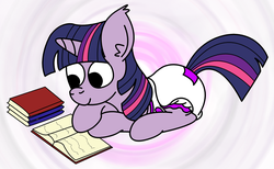 Size: 1200x740 | Tagged: safe, artist:crinkleponipone, twilight sparkle, g4, book, diaper, female, lying down, non-baby in diaper, poofy diaper, reading, solo, tail tape