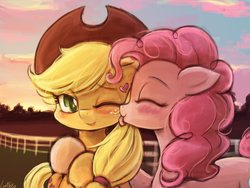 Size: 1920x1440 | Tagged: safe, artist:lumineko, applejack, pinkie pie, earth pony, pony, applepie, blushing, cute, diapinkes, eyes closed, female, freckles, hat, jackabetes, lesbian, licking, mare, one eye closed, pixiv, shipping, tongue out