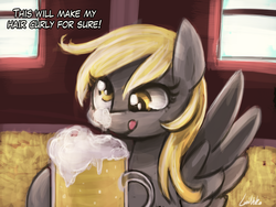 Size: 1920x1440 | Tagged: safe, artist:lumineko, derpy hooves, pegasus, pony, g4, cute, drink, female, hard cider, mare, pixiv, solo