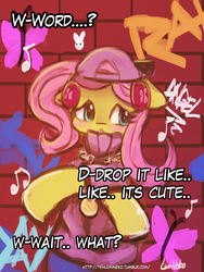 Size: 1440x1920 | Tagged: safe, artist:lumineko, fluttershy, pony, g4, :o, bipedal, blushing, clothes, cute, drop it like it's hot, embarrassed, female, floppy ears, frown, graffiti, hat, hug life, necklace, nervous, pixiv, rapper, shyabetes, snoop dogg, solo, song reference, sweater, sweatershy, urban