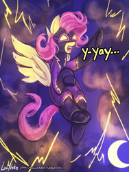 Size: 1440x1920 | Tagged: safe, artist:lumineko, fluttershy, pegasus, pony, g4, awesome, badass, badass adorable, clothes, cloud, cloudy, costume, cute, female, flutterbadass, moon, night, pixiv, shadowbolts, shadowbolts costume, short hair, short mane, shyabetes, solo, thunderstorm, yay