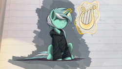 Size: 2000x1132 | Tagged: safe, artist:ncmares, lyra heartstrings, pony, unicorn, fanfic:background pony, g4, clothes, eyes closed, female, hoodie, lyre, musical instrument, smiling, solo