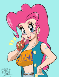 Size: 3564x4612 | Tagged: safe, artist:thethunderpony, pinkie pie, human, g4, '90s, 90's fashion, absurd resolution, alternative cutie mark placement, belly button, belt, belt buckle, big breasts, bracelet, breasts, clothes, cutie mark, denim, earring, female, fingerless gloves, gloves, humanized, midriff, nail polish, sleeveless, smiling, solo, style emulation, vest