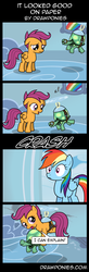 Size: 850x2600 | Tagged: safe, artist:drawponies, rainbow dash, scootaloo, tank, g4, caught, cloudsdale, comic, flying, goggles, helicopter, missing wing, scootaloo can't fly