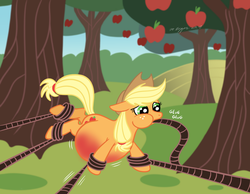 Size: 1200x933 | Tagged: safe, artist:necrofeline, applejack, earth pony, pony, g4, apple, apple tree, applejack becoming an apple, belly, belly blush, bondage, female, food, force feeding, inflation, mare, orchard, restrained, sequence, solo, transformation, vine, vine bondage