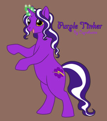 Size: 600x681 | Tagged: safe, artist:cuprohastes, oc, oc only, oc:purple tinker, pony, unicorn, bipedal, female, glowing, glowing horn, horn, looking at you, magic, magic aura, needs more jpeg, open mouth, solo