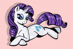Size: 1024x694 | Tagged: safe, artist:oreopata, rarity, pony, unicorn, g4, eyes open, female, horn, lying down, mare, solo, watermark