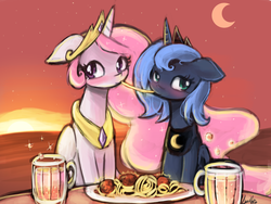 Size: 1920x1440 | Tagged: safe, artist:lumineko, princess celestia, princess luna, alicorn, pony, g4, blushing, cewestia, cute, duo, female, filly, floppy ears, food, imminent kissing, incest, lady and the tramp, lesbian, meat, moon, pixiv, ponies eating meat, ship:princest, shipping, spaghetti, spaghetti scene, stars, sunset, woona, younger