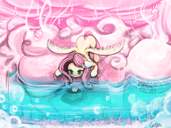 Size: 1920x1440 | Tagged: safe, artist:lumineko, angel bunny, fluttershy, rabbit, g4, color porn, female, pixiv, reflection, solo, spread wings, surreal, water, waterlily