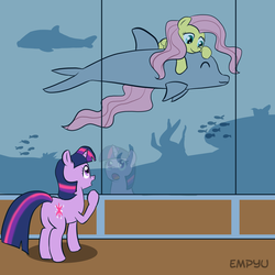 Size: 1000x1000 | Tagged: safe, artist:empyu, fluttershy, twilight sparkle, dolphin, pegasus, pony, unicorn, g4, 30 minute art challenge, aquarium, butt, duo, duo female, female, parody, plot, scene parody, star trek, star trek iv the voyage home, swimming, twibutt, underwater, unicorn twilight, watershy