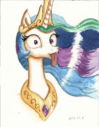 Size: 2127x2743 | Tagged: safe, artist:plainoasis, princess celestia, pony, g4, bust, female, high res, majestic as fuck, sillestia, silly, silly pony, simple background, solo, tongue out, traditional art, watercolor painting