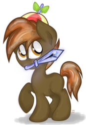 Size: 690x1000 | Tagged: safe, artist:kristysk, button mash, earth pony, pony, don't mine at night, g4, colt, male, minecraft, raised hoof, simple background, solo, sword, transparent background