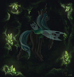 Size: 2500x2600 | Tagged: safe, artist:luvvandra, queen chrysalis, changeling, changeling queen, g4, bugbutt, butt, crown, female, high res, jewelry, looking back, plot, raised hoof, regalia, smiling, solo, spread wings