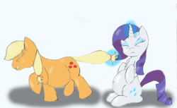 Size: 1280x784 | Tagged: safe, artist:mlp-pregnancy-is-magic, applejack, rarity, g4, belly, belly button, magic, pregnant, tail pull