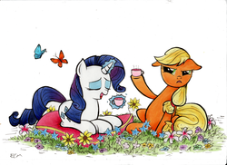 Size: 2000x1455 | Tagged: safe, artist:ecmonkey, applejack, rarity, butterfly, g4, flower, magic, prone, tea party, teacup, telekinesis, tongue out, traditional art